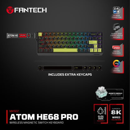 Fantech, Atom Pro He68 Mk922, High Precision Magnetic Switch Keyboard, 3 Modes: Bluetooth, Wireless & Wired, 8K Polling, Available in Different Colors