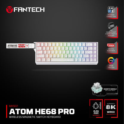 Fantech, Atom Pro He68 Mk922, High Precision Magnetic Switch Keyboard, 3 Modes: Bluetooth, Wireless & Wired, 8K Polling, Available in Different Colors
