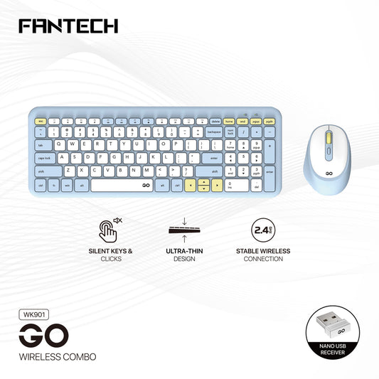 FANTECH WK901 Go Wireless Keyboard and Mouse Set Combo, Ultra-Slim, Silent Membrane [Light Blue]