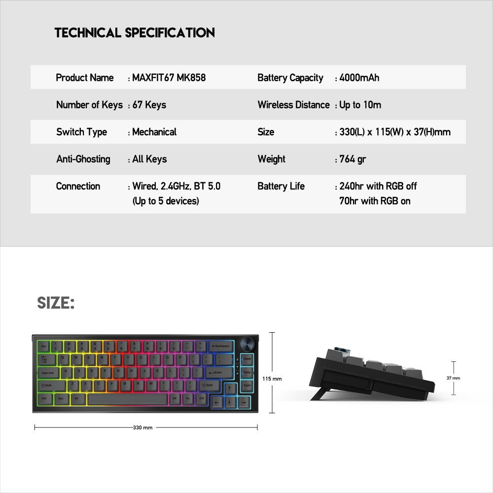 Fantech, Mk858 Maxfit67 Rgb Bluetooth, Wireless & Mechanical Gaming Keyboard, Available in Different Colors