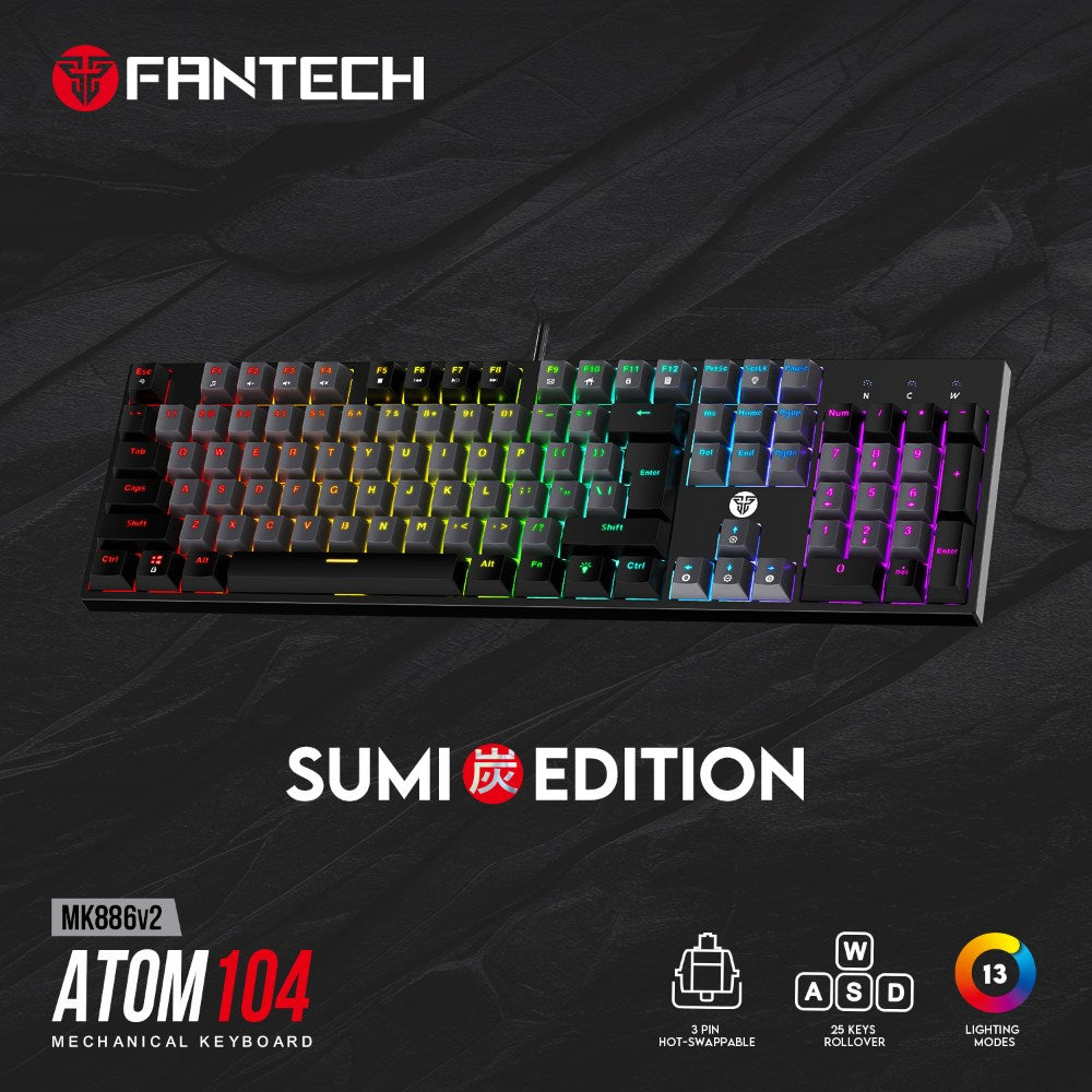 Fantech, Mk886V2 Atom104 Rgb Mechanical Keyboard Sumi Edition, Available in Different Colors