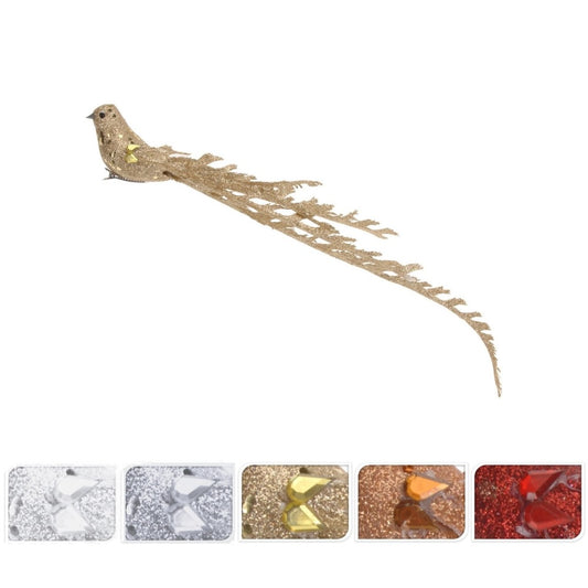 38 cm Long Tailed Glitter Bird on Clip Christmas Tree Decoration - 5 ass. Colors