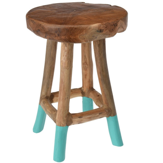 Teak Wood Stool 30 cm with Blue Legs