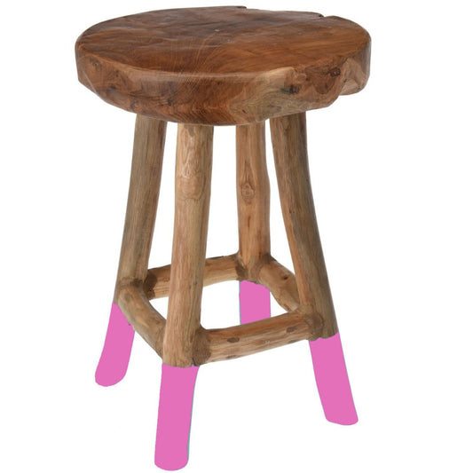 Teak Wood Stool 30 cm with Pink Legs