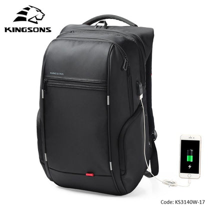 Kingsons, Multifunctional Large Design Backpack Ks3140W Black 17.3 Inch Water-Resistant, Shock-Resistant, Ergonomic Deisgn