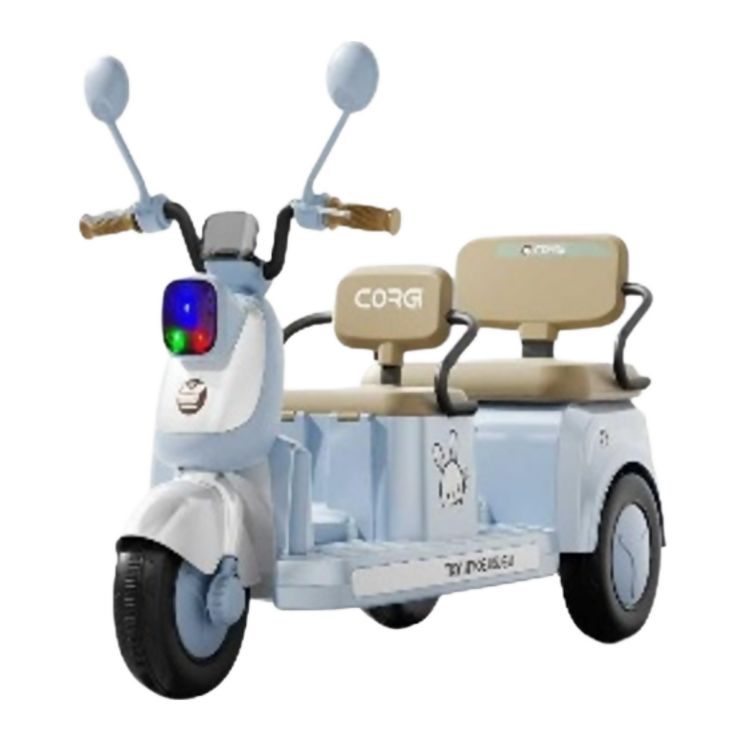 2-Seater Kids Electric Scooter Tricycle – 12V Battery, LED Lights & Music (Ages 3–8)