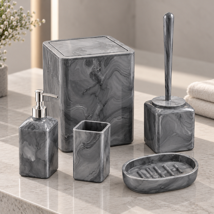 Ashford Grey Marble-Effect Square Bathroom Accessories Set – 5 Pieces | MA011