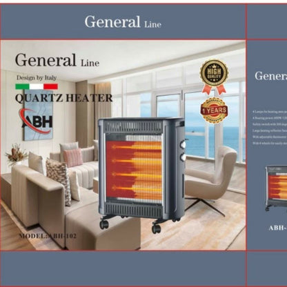 General Line, Quartz Heater 4 large lamps,600W, 1200W,1800W,2400W, adjustable thermostat, safety available, with 4 wheels,