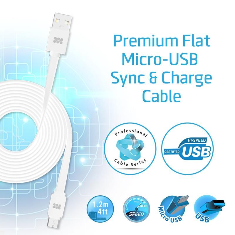 Promate, Premium Flat Micro-USB Sync & Charge Cable, White