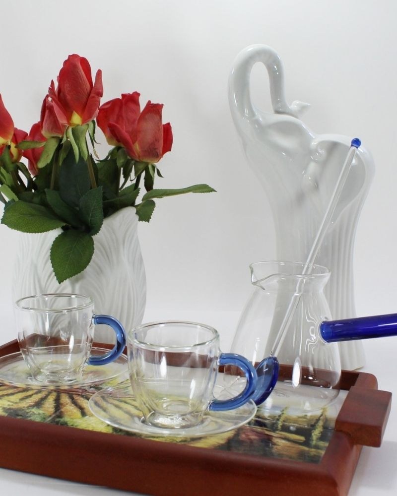 Luciano, Borosilicate 6Pc Green 2Xdouble Wall Cups And Saucers With 350Ml Glass Kettle And Long Handle Glass Spoon