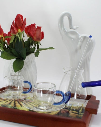 Luciano, Borosilicate 6Pc Green 2Xdouble Wall Cups And Saucers With 350Ml Glass Kettle And Long Handle Glass Spoon