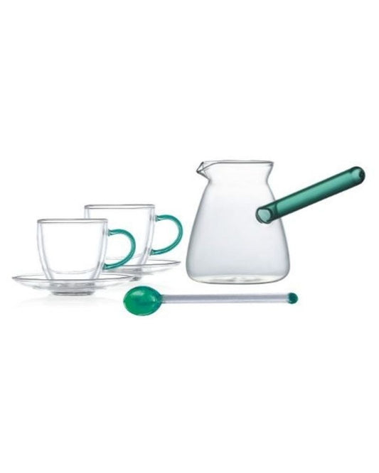 Luciano, Borosilicate 6Pc Yellow 2Xdouble Wall Cups And Saucers With 350Ml Glass Kettle And Long Handle Glass Spoon