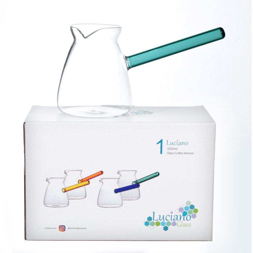Luciano, 650ml Borosilicate Green Handle Glass Coffee Warmer / Pot / Kettle / Turkish Kettle / Green Kettle / Milk Pot in Gift Box