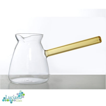 Luciano, 650ml Borosilicate Yellow Handle Glass Coffee Warmer / Pot / Kettle / Turkish Kettle / Green Kettle / Milk Pot in Gift Box
