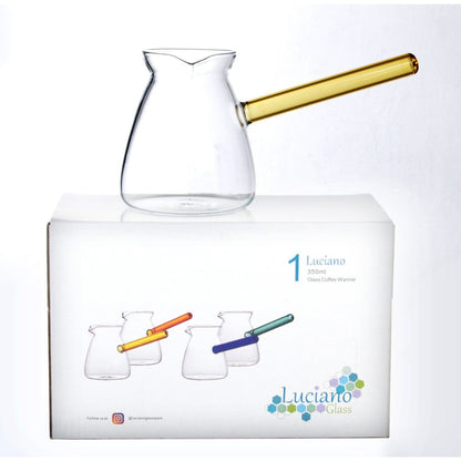 Luciano, 650ml Borosilicate Yellow Handle Glass Coffee Warmer / Pot / Kettle / Turkish Kettle / Green Kettle / Milk Pot in Gift Box