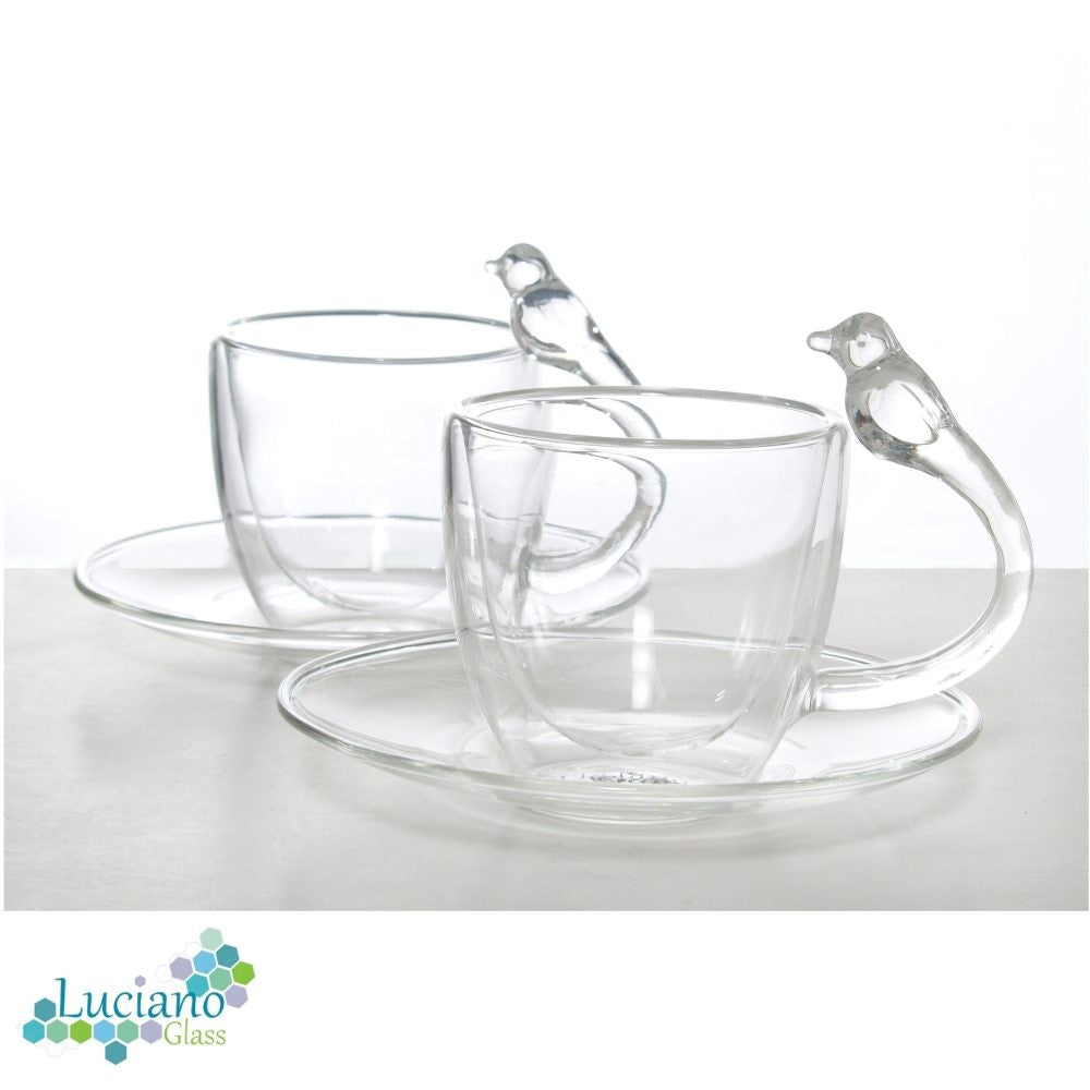 Luciano, 80Ml Borosilicate / Isotherm / Double Wall Espresso Glass Cup and Saucer (Cup with Bird Figurine Handle) Set
