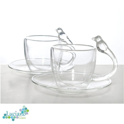 Luciano, 80Ml Borosilicate / Isotherm / Double Wall Espresso Glass Cup and Saucer (Cup with Bird Figurine Handle) Set