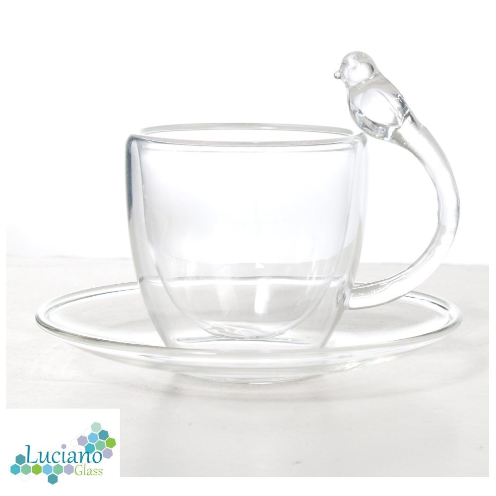 Luciano, 80Ml Borosilicate / Isotherm / Double Wall Espresso Glass Cup and Saucer (Cup with Bird Figurine Handle) Set