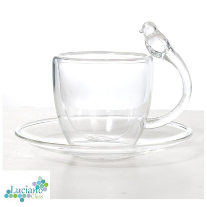 Luciano, 80Ml Borosilicate / Isotherm / Double Wall Espresso Glass Cup and Saucer (Cup with Bird Figurine Handle) Set