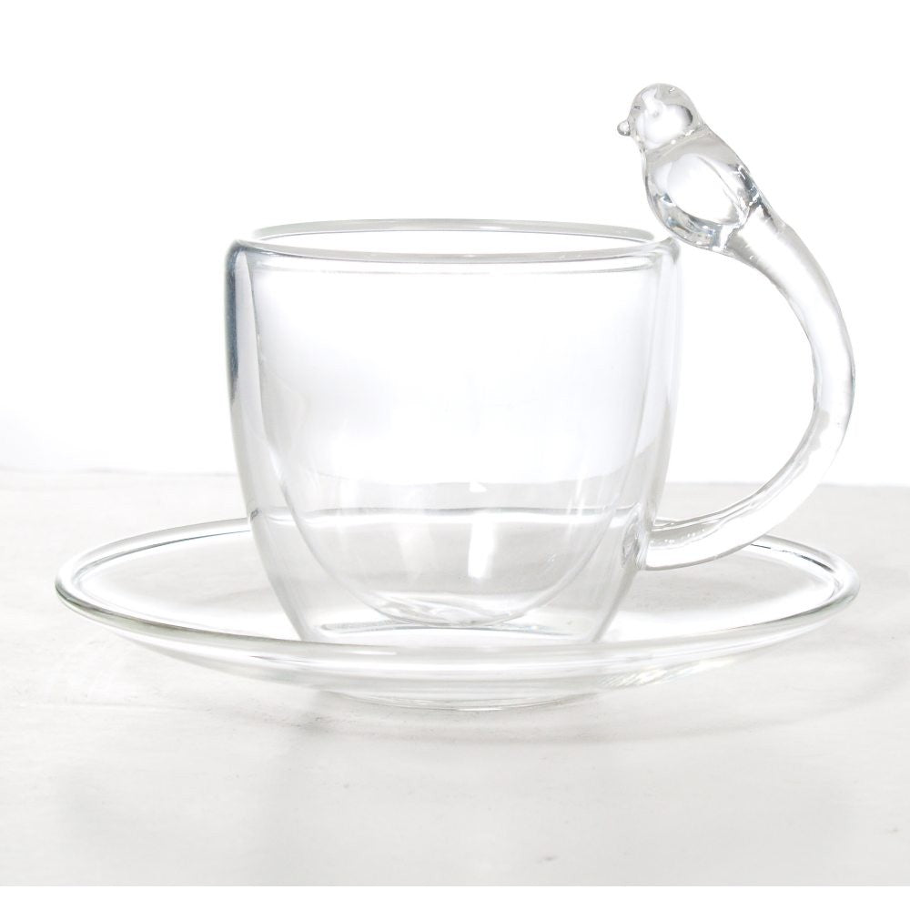 Luciano, 80Ml Borosilicate / Isotherm / Double Wall Espresso Glass Cup and Saucer (Cup with Bird Figurine Handle) Set