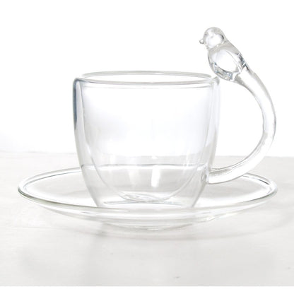 Luciano, 80Ml Borosilicate / Isotherm / Double Wall Espresso Glass Cup and Saucer (Cup with Bird Figurine Handle) Set