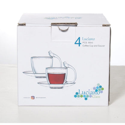Luciano, 80Ml Borosilicate / Isotherm / Double Wall Espresso Glass Cup and Saucer (Cup with Bird Figurine Handle) Set