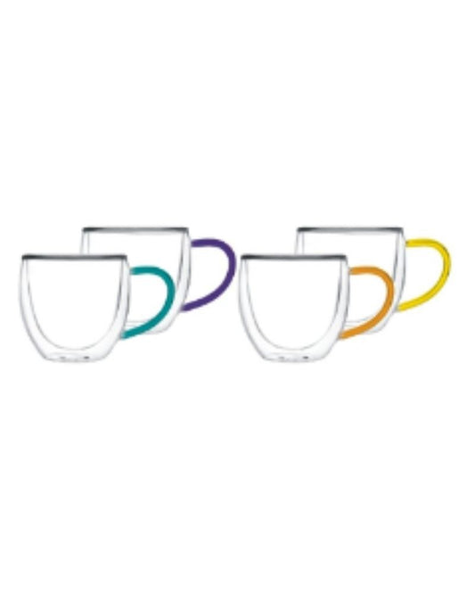 Luciano, 90Ml Borosilicate Double Wall Glass 4Pc Cup With Color Handles In Gift Box