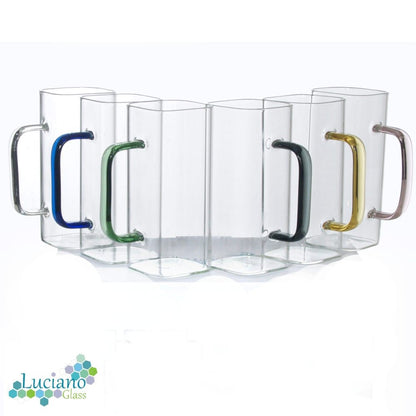 Luciano, Square 380Ml Borosilicate Single Wall Glass Cup 6Pcs Set with Color Handles