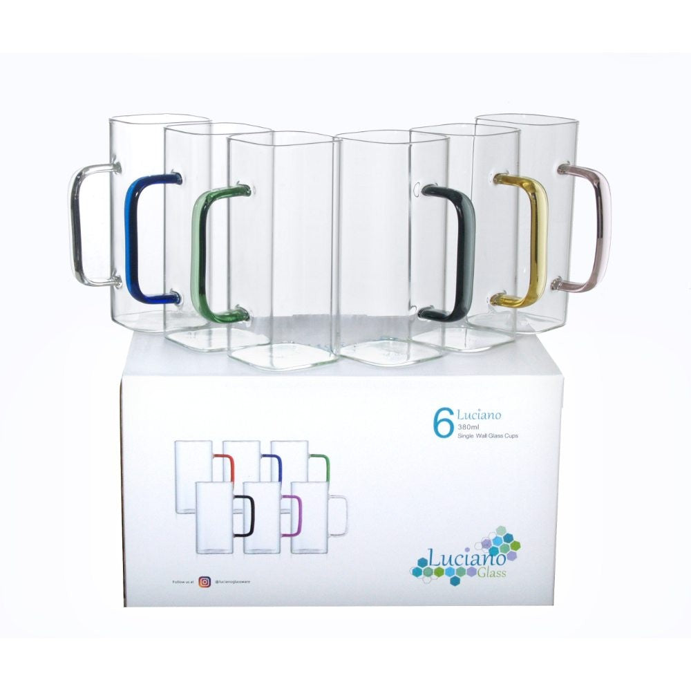 Luciano, Square 380Ml Borosilicate Single Wall Glass Cup 6Pcs Set with Color Handles