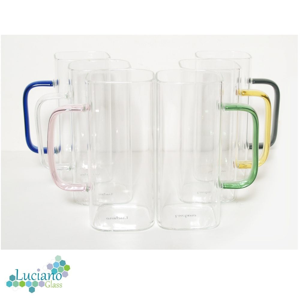 Luciano, Square 380Ml Borosilicate Single Wall Glass Cup 6Pcs Set with Color Handles