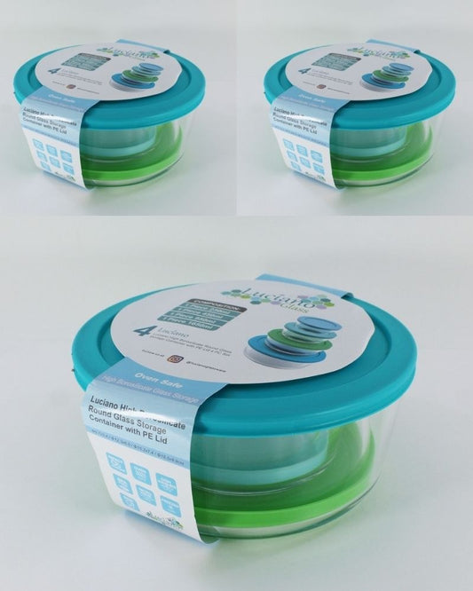 Luciano, High Borosilicate Round Glass Storage Container With Pe Lid 4 Pc Set (230Ml, 450Ml, 950Ml And 1650Ml) 10.2X5.4 / 12.7X6.4 / 15.6X7.6 / 19X8.8Cm B/I7