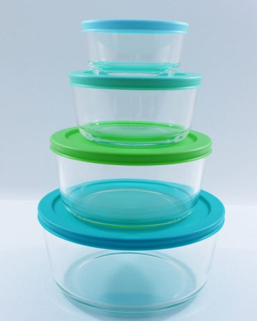 Luciano, High Borosilicate Round Glass Storage Container With Pe Lid 4 Pc Set (230Ml, 450Ml, 950Ml And 1650Ml) 10.2X5.4 / 12.7X6.4 / 15.6X7.6 / 19X8.8Cm B/I7