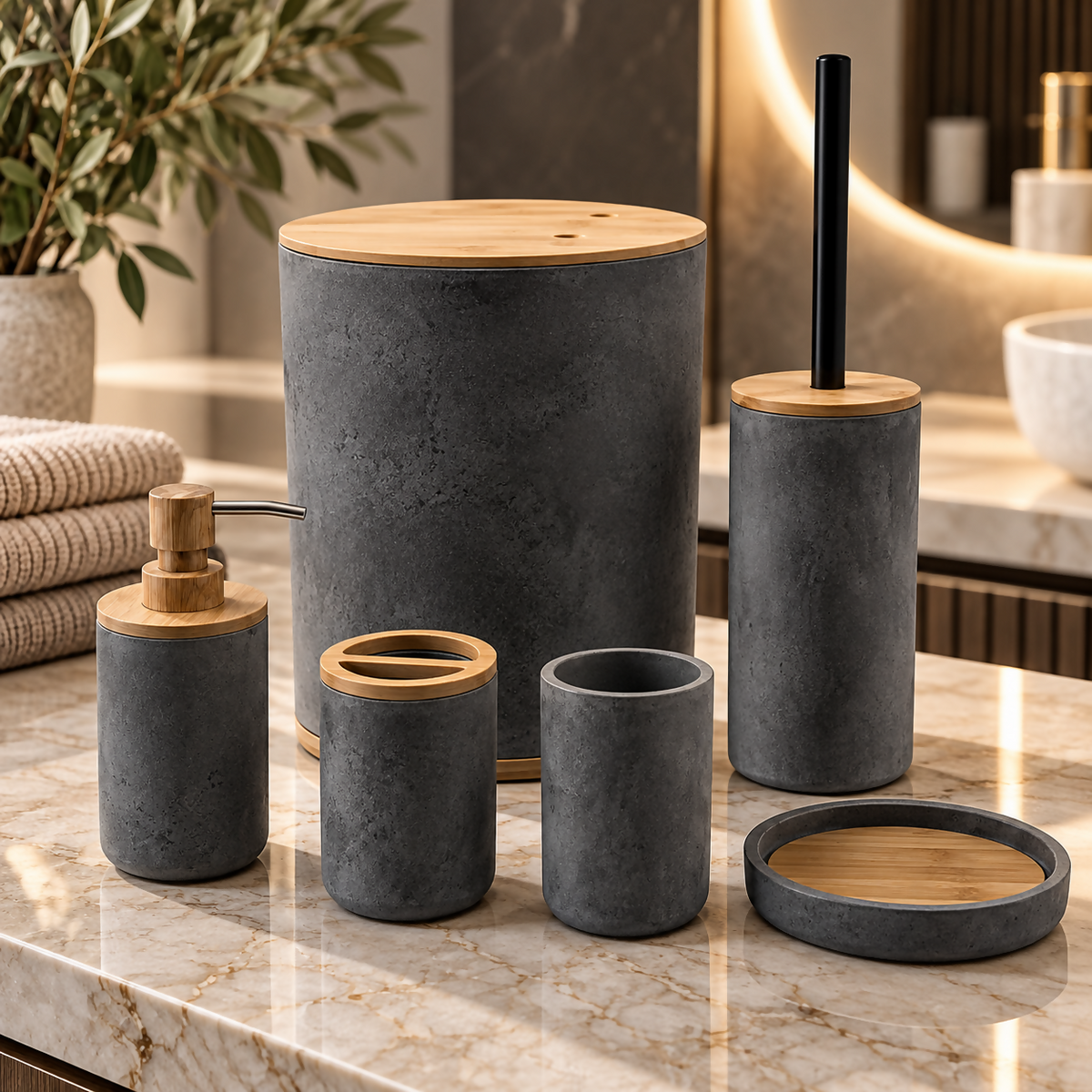 TERRA – 6-Piece Bathroom Charcoal Grey & Bamboo Accessories Set | YC-20