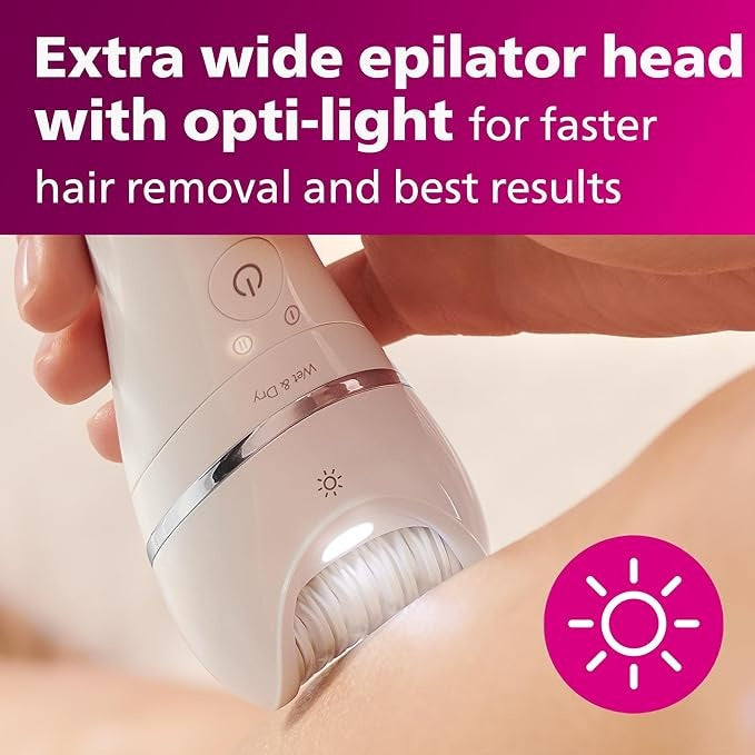 Philips, Bre720/14 Epilator Series 8000 Wet And Dry Cordless Hair Removal For Legs And Body With 8 Accessories, White