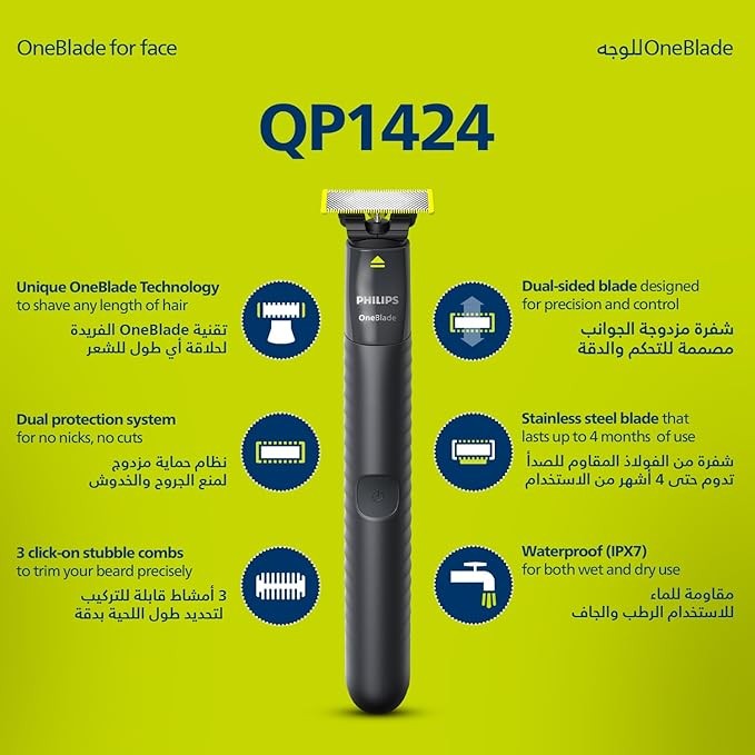 Philips, OneBlade Trim, Edge & Shave Any Length | 2 Stubble Combs, Dual-Sided Blade