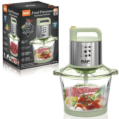 RAF, R-7734 Food Chopper,500W, 5L, 360 Degree, Sharp Blades, Glass Jar
