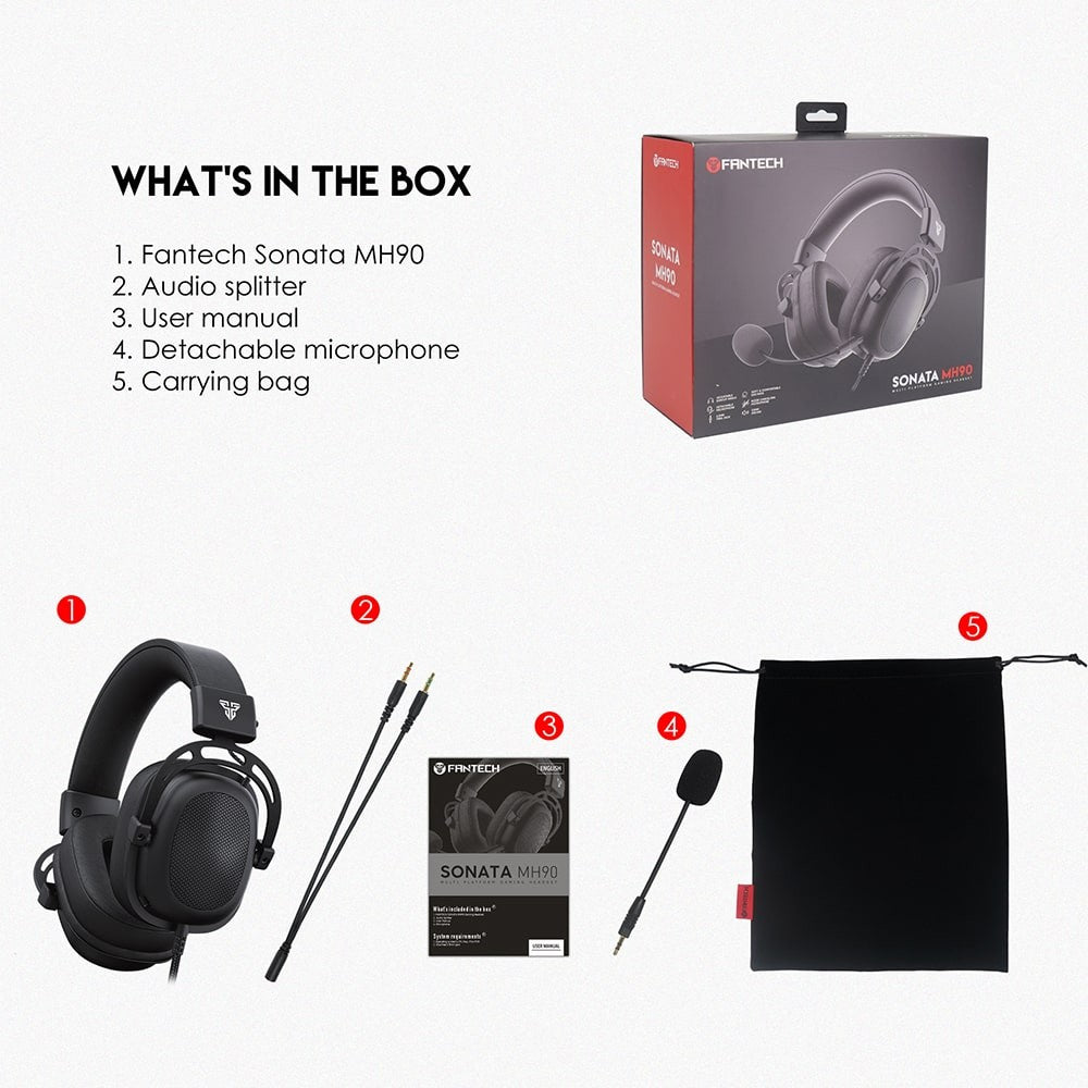 Fantech, Mh90 Sonata Gaming Headset, Detachable Microphone, Crystal-Clear & Powerful Sound
