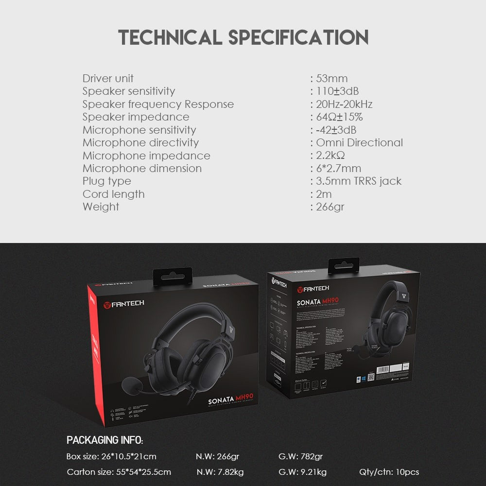 Fantech, Mh90 Sonata Gaming Headset, Detachable Microphone, Crystal-Clear & Powerful Sound