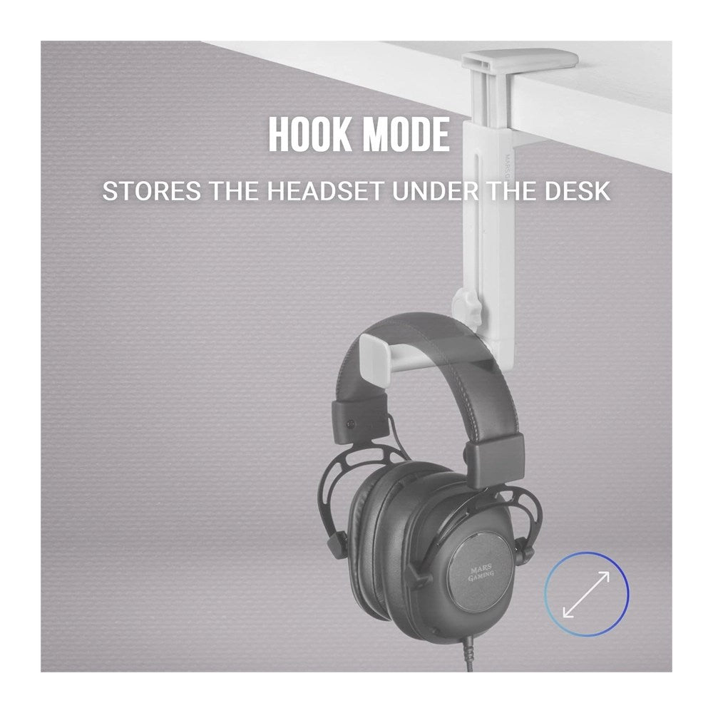 Mars, Gaming Mhh2 2In1 Headset Holder+Stand, 360?, Hook Design, Rubber Pads, White