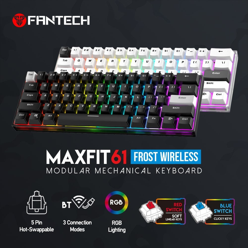 Fantech, Mk857 Maxfit61 Rgb Bluetooth, Wireless And Wired Mechanical Gaming Keyboard (Black)