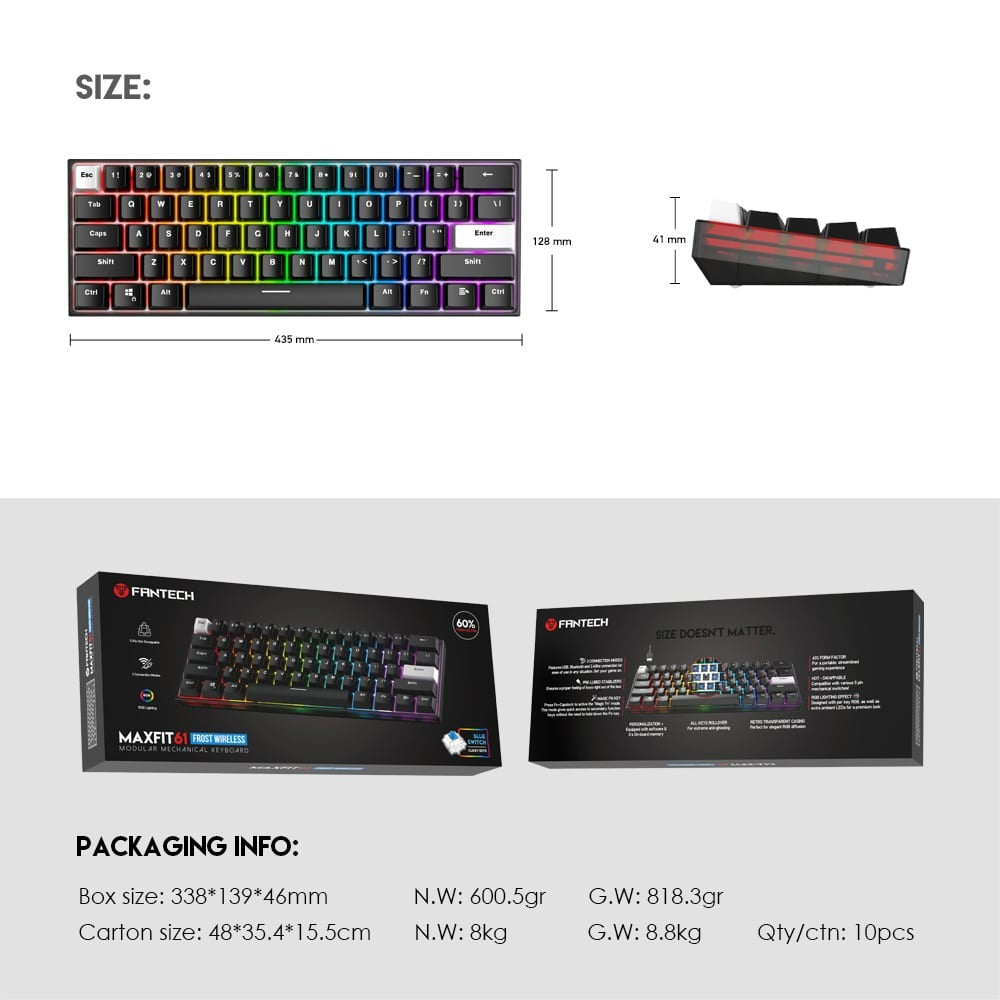 Fantech, Mk857 Maxfit61 Rgb Bluetooth, Wireless And Wired Mechanical Gaming Keyboard (Black)