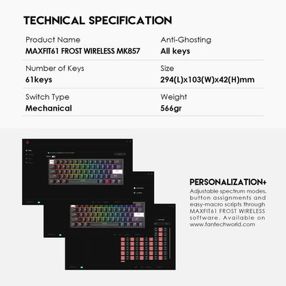 Fantech, Mk857 Maxfit61 Rgb Bluetooth, Wireless And Wired Mechanical Gaming Keyboard (Black)