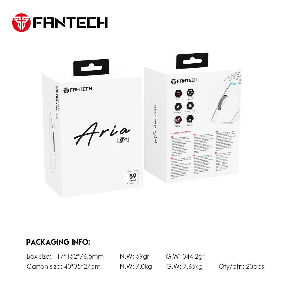 Fantech, Xd7 Aria Go, 3 Mode Connection Wired, Bluettoth & Wireless, 26000Dpi, Ultra Light Weight, Built-In Rechargeable Battery, Pro Gaming Mouse