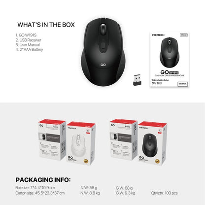 Fantech, W191S Go: Dual Mode Bluetooth & Wireless Mouse, Silent Click, Can Connect To 2 Devices Simultaneously