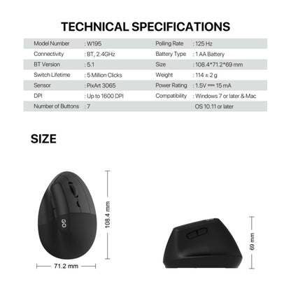 Fantech, W195 Go Comfy, Vertical Mouse, Dual Mode Bluetooth & Wireless, Silent Click