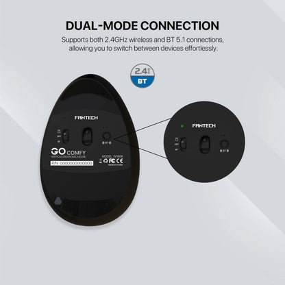 Fantech, W195R Go Comfy, Vertical Mouse, Dual Mode Bluetooth & Wireless, Silent Click, Rechargeable Battery
