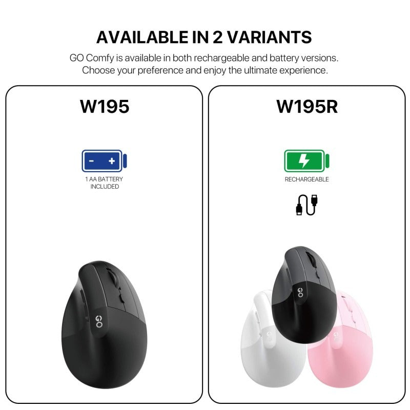 Fantech, W195R Go Comfy, Vertical Mouse, Dual Mode Bluetooth & Wireless, Silent Click, Rechargeable Battery