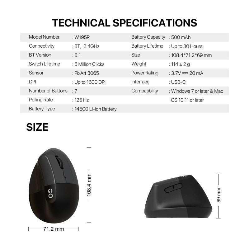 Fantech, W195R Go Comfy, Vertical Mouse, Dual Mode Bluetooth & Wireless, Silent Click, Rechargeable Battery