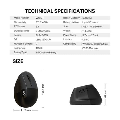 Fantech, W195R Go Comfy, Vertical Mouse, Dual Mode Bluetooth & Wireless, Silent Click, Rechargeable Battery