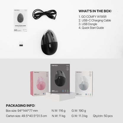 Fantech, W195R Go Comfy, Vertical Mouse, Dual Mode Bluetooth & Wireless, Silent Click, Rechargeable Battery